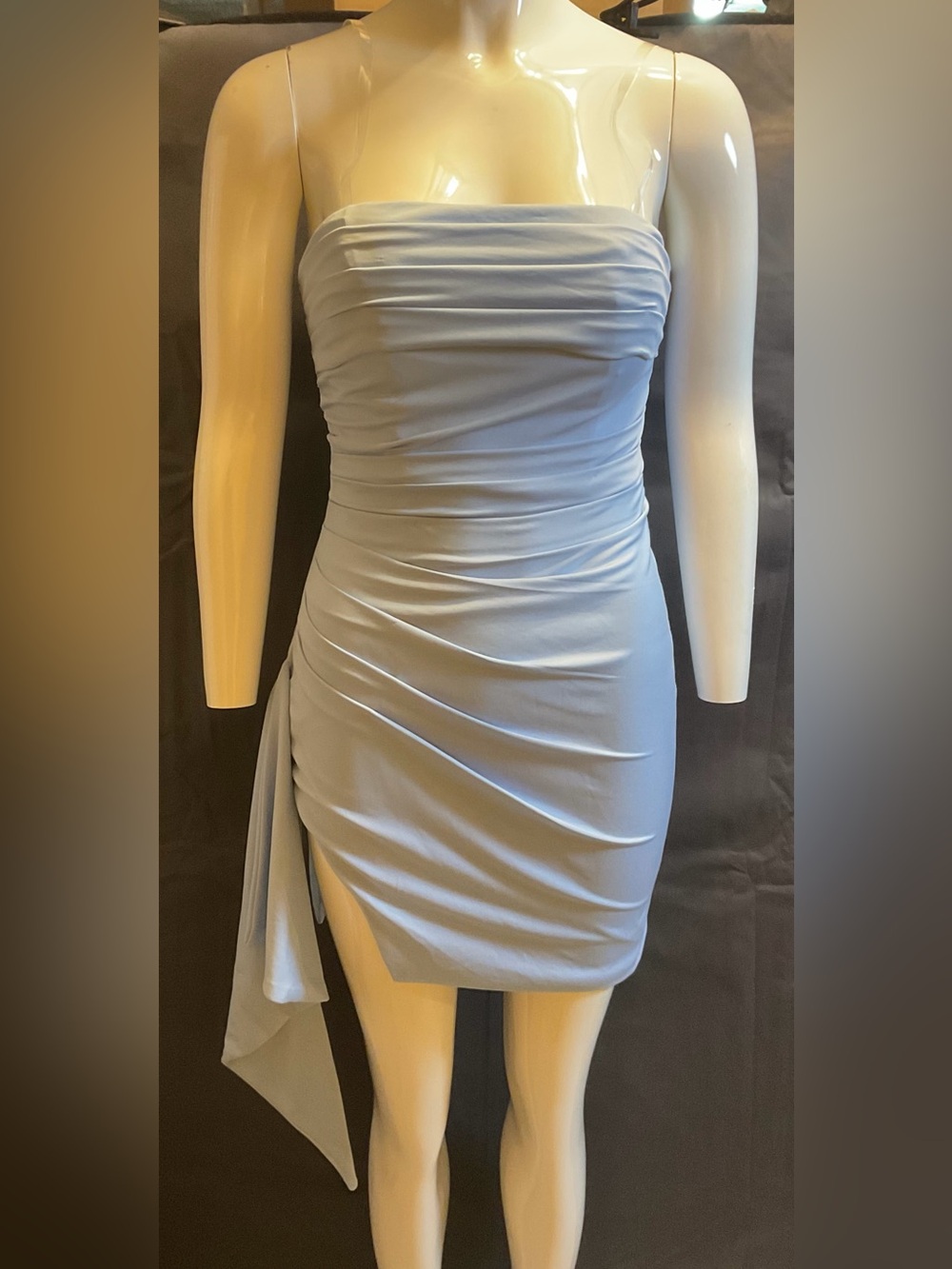 Strapless (Clear Straps) Ruched Light Blue Mini Dress